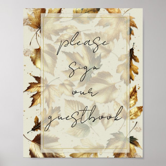 Poster Sinal de Guestbook de Almond Beige de Folhas Doura (Frente)