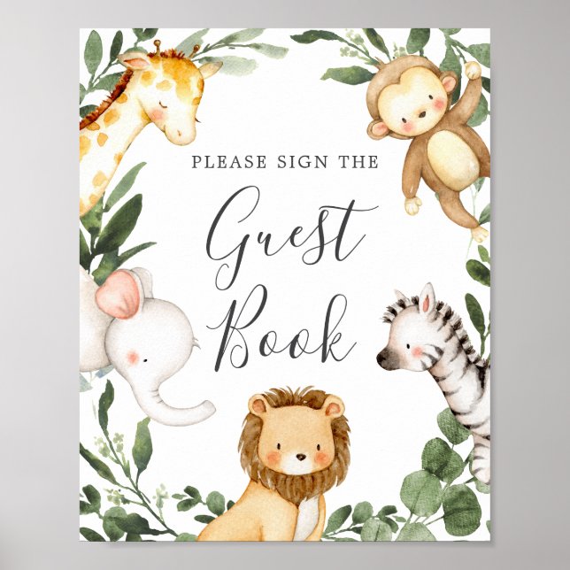 Poster Sinal de Guestbook de Animais Safari (Frente)