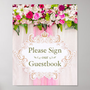 Poster Sinal de Guestbook de Casamento Floral Rosa-Brilha