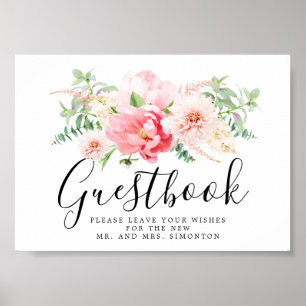 Poster Sinal de Guestbook de Casamento Floral Rosa Russo