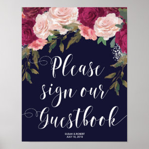 Poster sinal de guestbook de casamento - marinho rosa flo