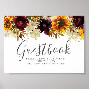 Poster Sinal de Guestbook de Sunflower Burgundy