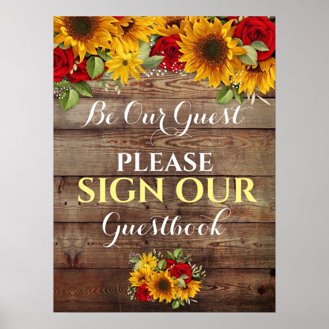 Poster Sinal de Guestbook de Sunflower e Rosas Rustic Wed (Frente)