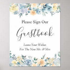 Poster Sinal de Guestbook Pastel Vanilla Blue Floral