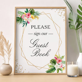Poster Sinal de Guestbook Tropical Floral Deixa Dourada F