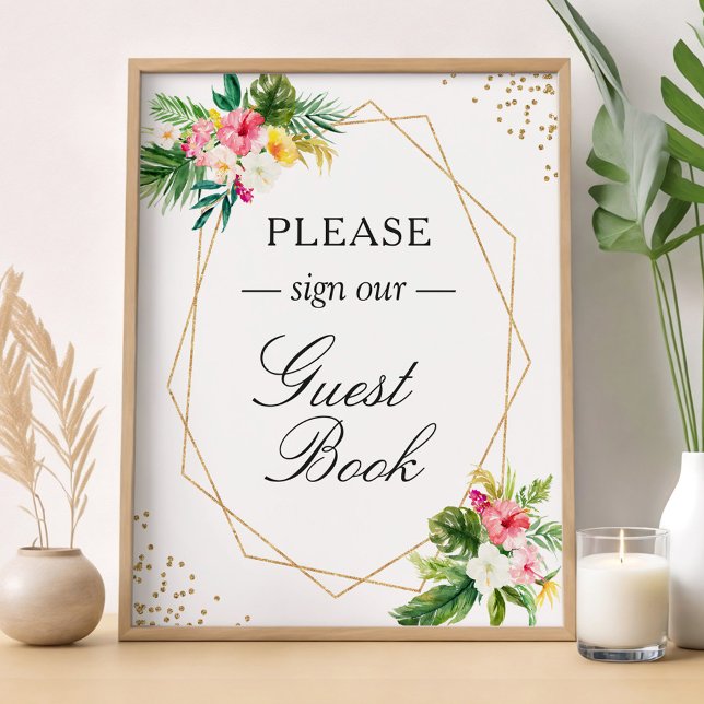 Poster Sinal de Guestbook Tropical Floral Deixa Dourada F (Criador carregado)