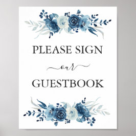 Poster Sinal de guia de casamento floral de cor aquosa az