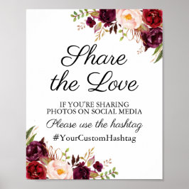 Poster Sinal de Hashtag de Casamento Floral de Marsala e