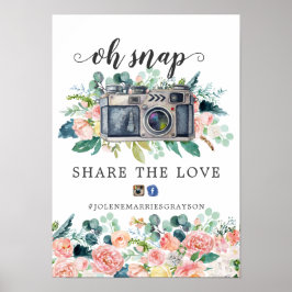 Poster Sinal de hashtag de casamento floral de verão cora