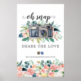 Poster Sinal de hashtag de casamento floral de verão cora