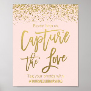 Poster Sinal de Hashtag Dourado de Casamento com Brilho C