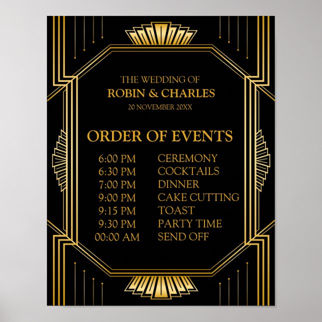 Póster Sinal de Horário de Eventos | Gatsby Art Deco (Frente)