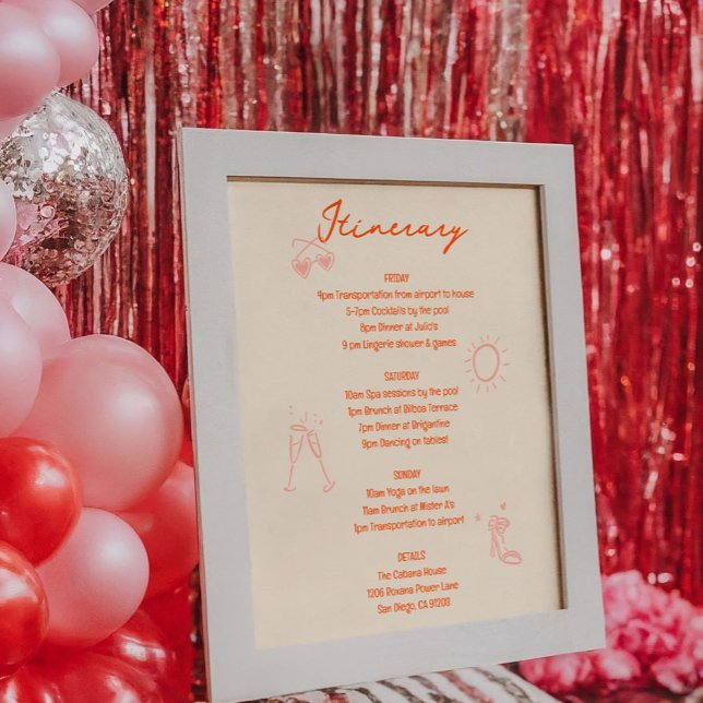 Poster Sinal de Itinerário de Fim de Semana de Despedida  (Pink and red bachelorette party itinerary sign featuring hand-drawn sketch illustrations.)