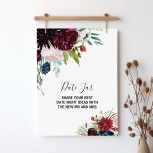 Poster Sinal de Jar de Data Floral Burgundy Navy Moderno