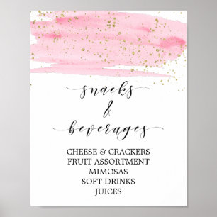 Poster Sinal de Lanches e Bebidas em Aquarela Rosa e Dour