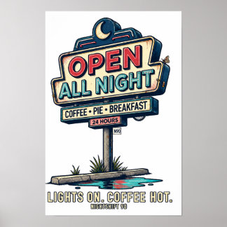Poster Sinal de Lanchonete Retro Aberta a Noite Toda NIGH