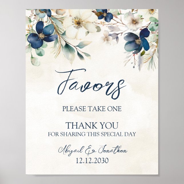 Poster Sinal de Lembranças de Casamento Floral Azul Elega (Frente)