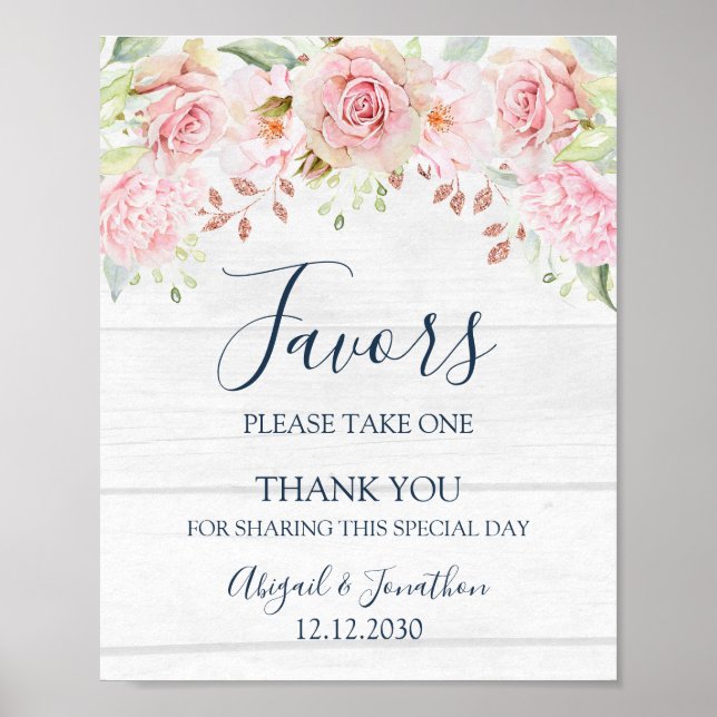Poster Sinal de Lembranças de Casamento Floral Rosa Rústi (Frente)