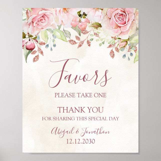 Poster Sinal de Lembranças de Casamento Floral Rosa Vinta (Frente)