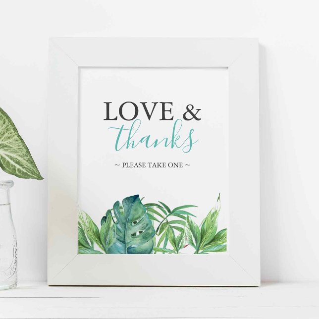 Poster Sinal de Lembranças de Casamento na Praia Tropical (tropical beach wedding favors sign with watercolor palm leaves and love and thanks)