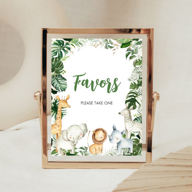 Poster Sinal de Lembrancinhas de Chá de Bebê Safari Wild  (Greenery Jungle Baby Shower Favors Sign)