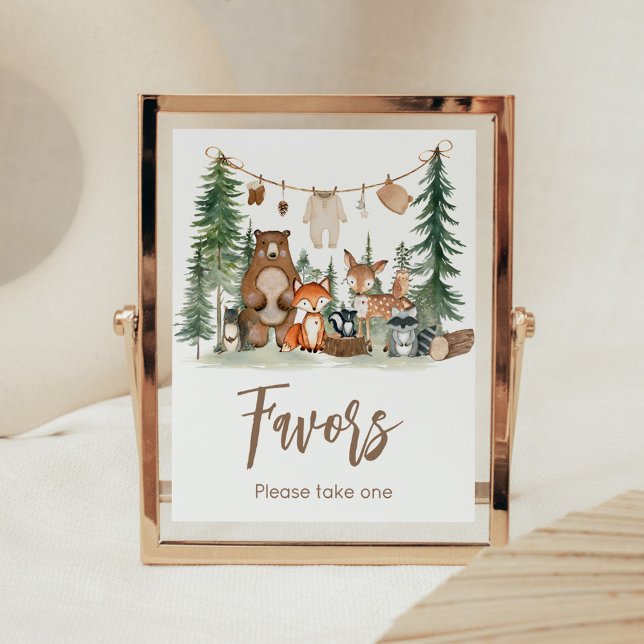 Poster Sinal de Lembrancinhas de Chuvinha de Bebê de Anim (Woodland Animals Adventure Awaits Rustic Baby Shower Sign)