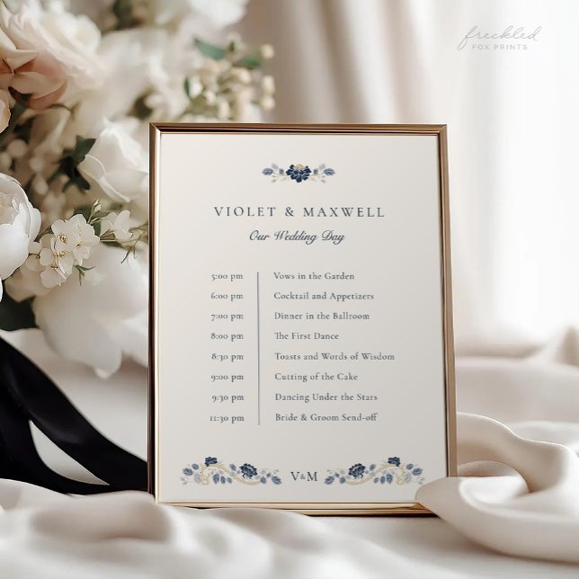 Poster Sinal de Linha de Tempo de Casamento Floral Azul M (Navy blue floral Art Nouveau Wedding Timeline sign)