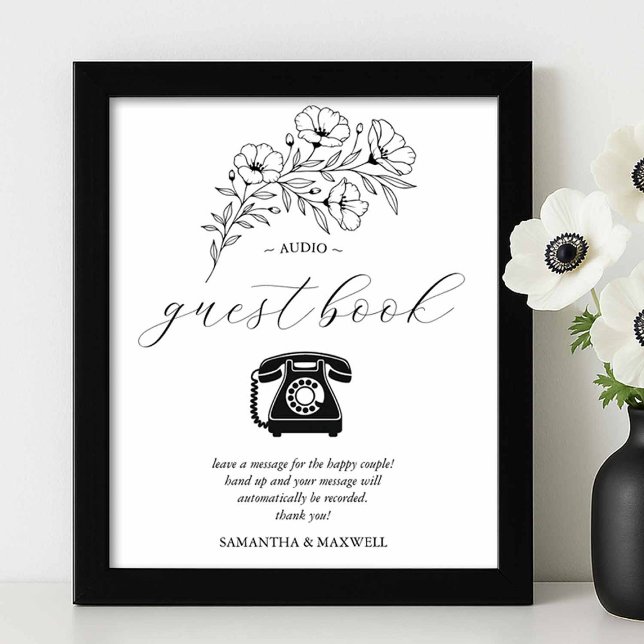 Poster Sinal de Livro de Convidado de Áudio de Casamento  (Black and white wedding audio guestbook sign with flower line art by Victoria of Do Tell A Belle)