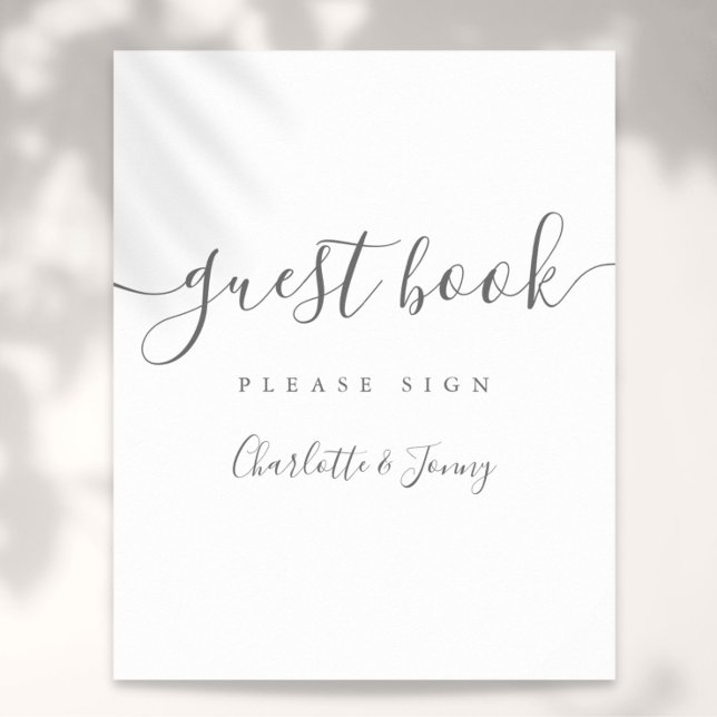 Poster Sinal de Livro de Convidado do Script de Assinatur (Gray And White Signature Script Guest Book Sign)