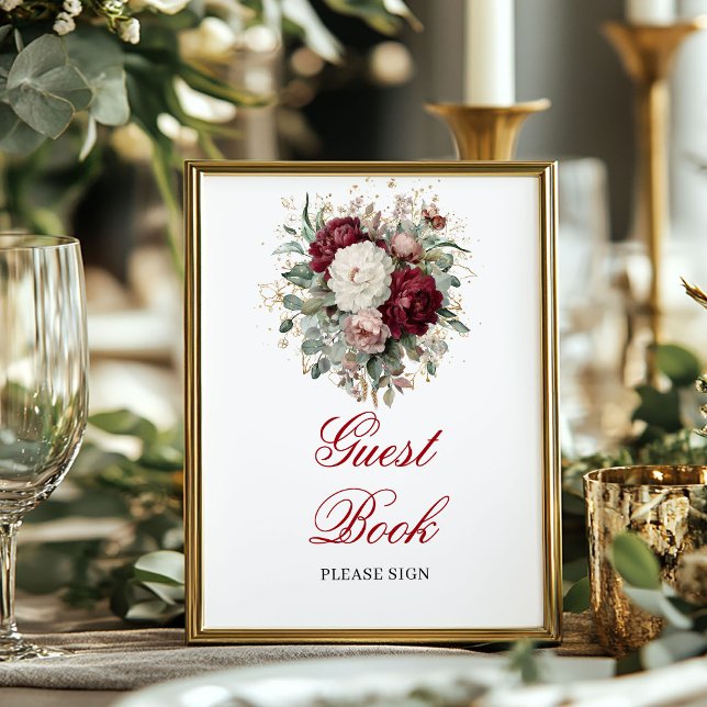 Poster Sinal de Livro de Visitantes Dourado Burgundy Blus (Timeless Blush Burgundy Guest Book Sign)