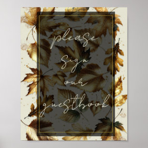 Poster Sinal de Livro de Visitas Bege e Preto com Folhas