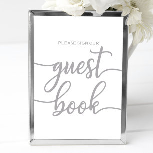 Poster Sinal de Livro de Visitas Caligrafia Prata Elegant