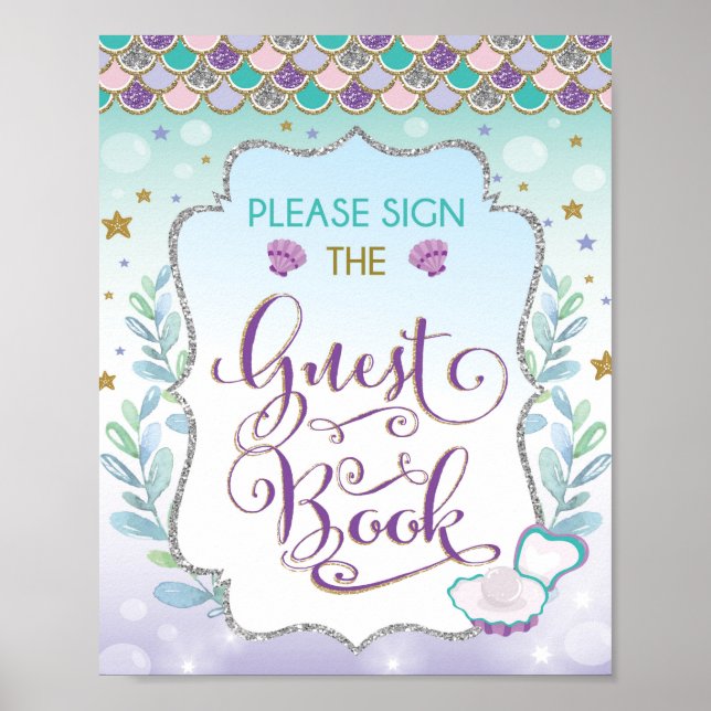 Poster Sinal de Livro de Visitas da Sereia para Aniversár (Frente)