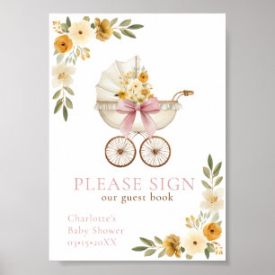 Poster Sinal de Livro de Visitas de Carruagem Floral Rosa