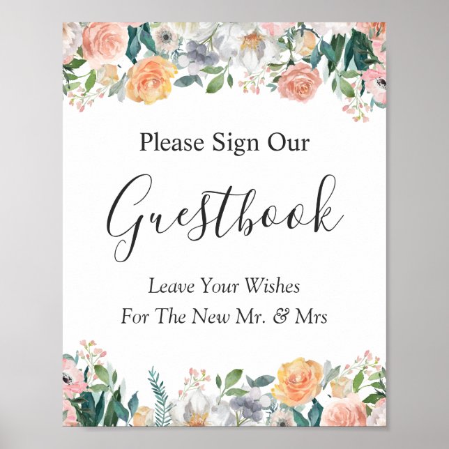 Poster Sinal de Livro de Visitas de Casamento com Rosas d (Frente)