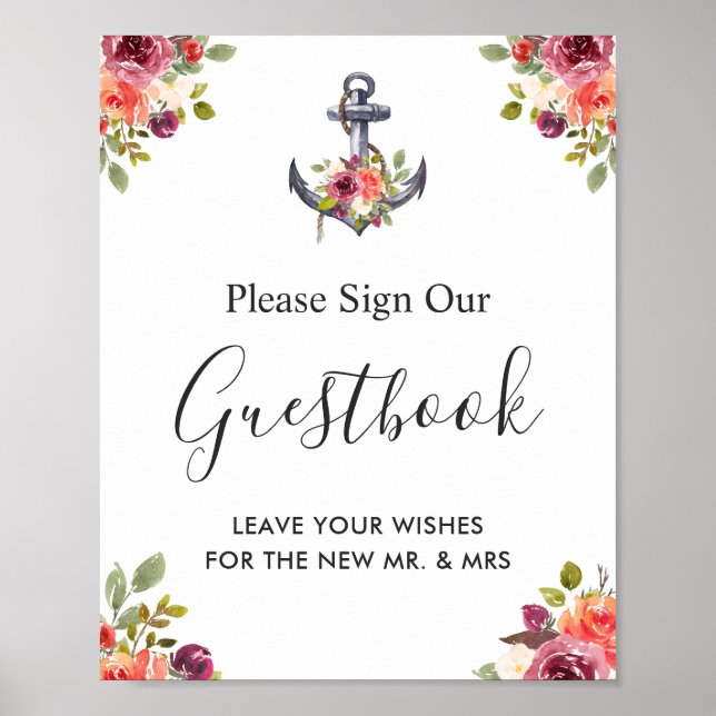 Poster Sinal de Livro de Visitas de Casamento Floral Ânco (Frente)