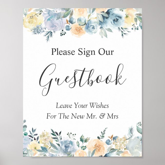 Poster Sinal de Livro de Visitas de Casamento Floral Azul (Frente)