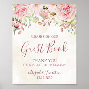 Poster Sinal de Livro de Visitas de Casamento Floral Rosa