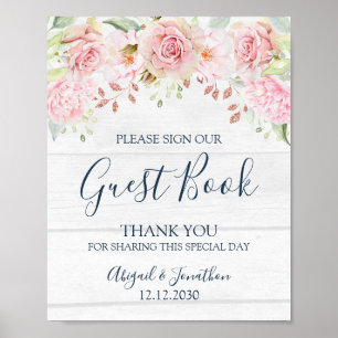 Poster Sinal de Livro de Visitas de Casamento Floral Rosa