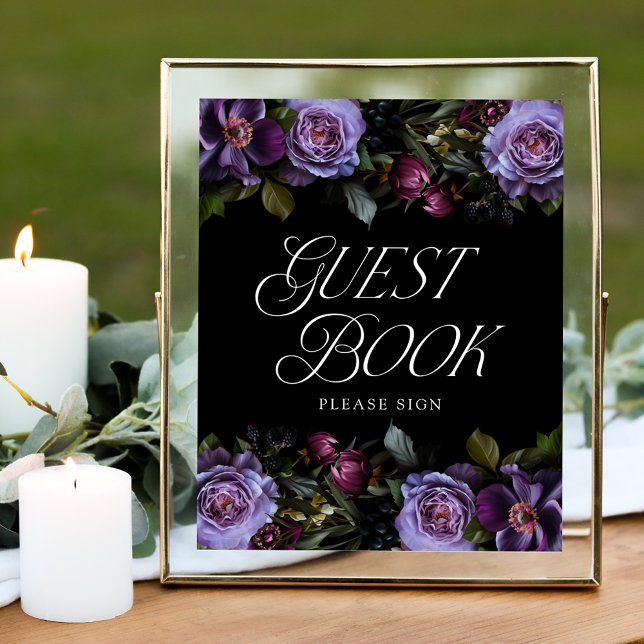 Poster Sinal de Livro de Visitas de Casamento Floral Roxo (Criador carregado)