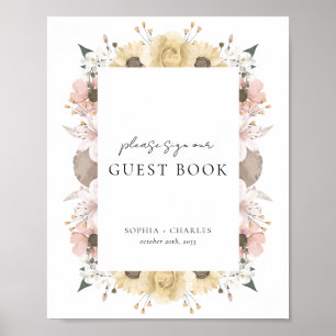Poster Sinal de Livro de Visitas de Casamento Floral Rúst