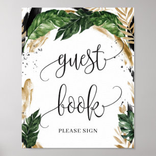 Poster Sinal de livro de visitas de flores folhas tropica