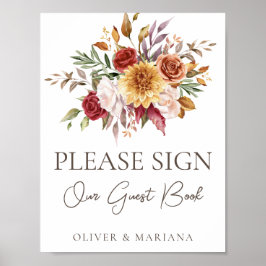 Poster Sinal de Livro de Visitas de Noiva Floral Marrom n