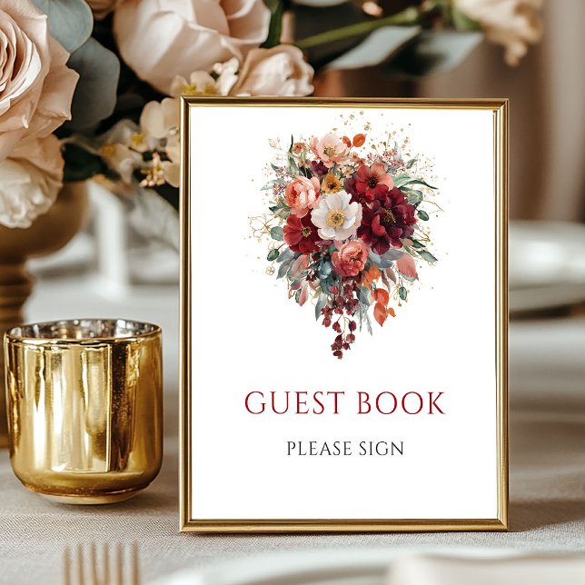 Poster Sinal de Livro de Visitas de Outono Boho Marrom 8x (Autumn Boho Maroon Flowers Guest Book 8x10 Sign

)