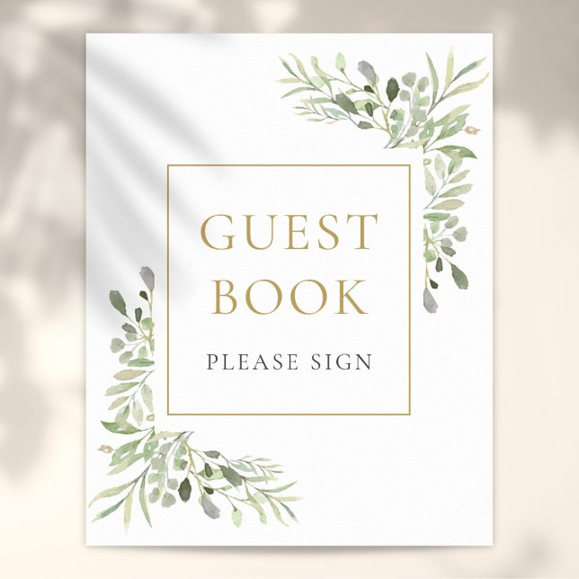 Poster Sinal de Livro de Visitas de Verde Folhagem em Aqu (Watercolor Greenery Guest Book Sign)