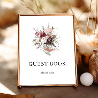 Sinal de Livro de Visitas Floral Boho Borgonha