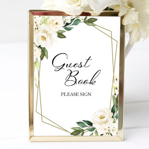 Poster Sinal de Livro de Visitas Floral Branco Geométrico