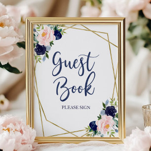 Poster Sinal de Livro de Visitas Floral de Aquarela Azul