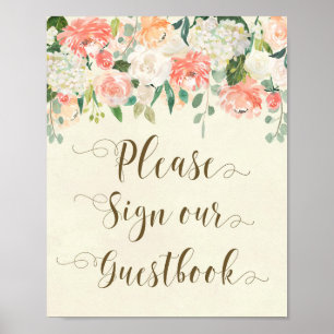 Poster sinal de livro de visitas floral de pêssego marfim