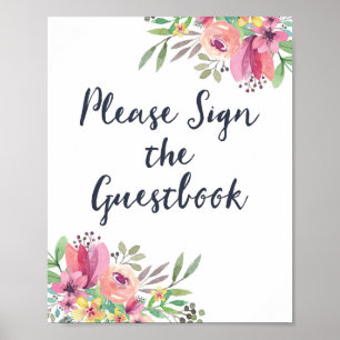 Poster Sinal de Livro de Visitas Floral em Aquarela